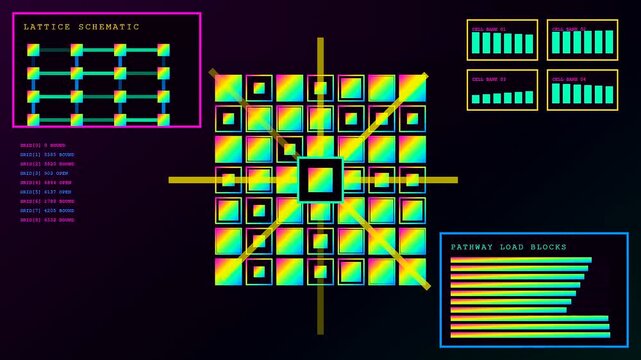 Synthetic perception cycles animate through pulsing neon geometric grids as glowing block sequences manifest within a dark digital interface showing rapid flow and data node shifts