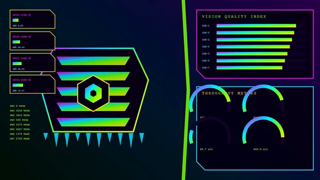 The synthetic perception interface displays dynamic data visualizations on a dark digital monitor with glowing neon graphical elements shifting as numerical patterns evolve through screen cycles