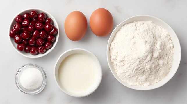 Cherry popover preparation ingredients, eggs milk flour cherries, baking mise en place, overhead flat lay
