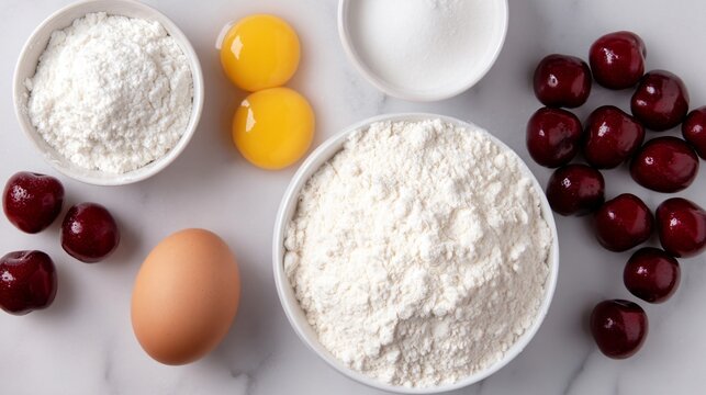 Cherry popover preparation ingredients, eggs milk flour cherries, baking mise en place, overhead flat lay