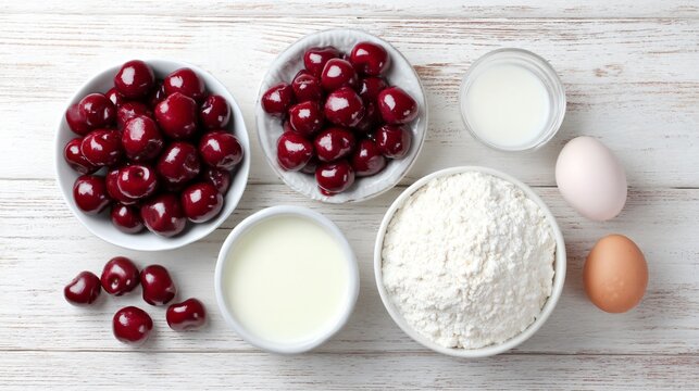 Cherry popover preparation ingredients, eggs milk flour cherries, baking mise en place, overhead flat lay