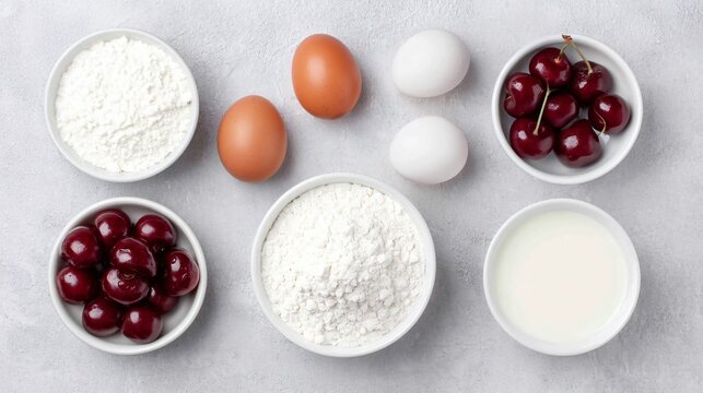 Cherry popover preparation ingredients, eggs milk flour cherries, baking mise en place, overhead flat lay