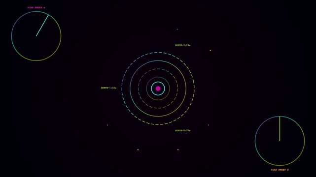 Synthetic perception displays cycle through circular radar monitors showing rhythmic pulse patterns in a dark digital interface featuring glowing light beams and concentric rings of light