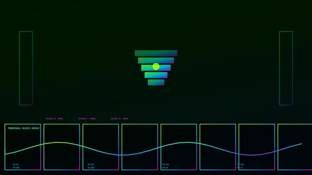 a synthetic perception grid displays stacked neon rectangles hovering above a flowing waveform graph inside a dark interface used for monitoring complex data streams and analytics