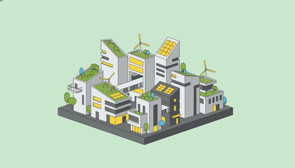 Fototapeta premium Urban cityscape features white modular buildings with green roofs and solar panels to illustrate concepts of green infrastructure.