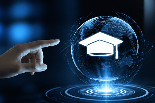 A hand points towards a glowing, digital icon of a graduation cap superimposed on a globe in a dark, futuristic setting.