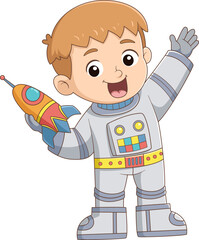 Cute boy astronaut holding rocket exploring space adventure educational cartoon illustration