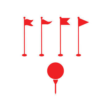 Red golf flags and tee icon set. Minimal red golf icons featuring four different flag designs and a golf tee with ball.