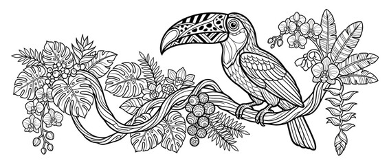 Naklejka premium Ornate Toucan Bird Perched on Tropical Branch with Exotic Flowers