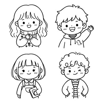 Cute Asian Kids Character Line Art Vector Set For Children Book Illustration