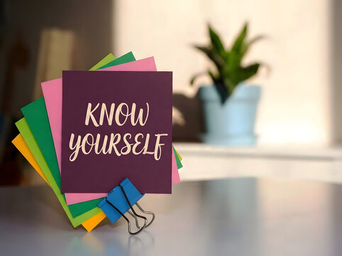 Know Yourself Inspiration With Colorful Sticky Notes, Personal Growth, Self Awareness, Motivation, And Positive Mindset Concepts
