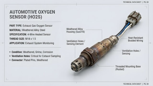 Automotive oxygen sensor (HO2S) with detailed technical information and labels