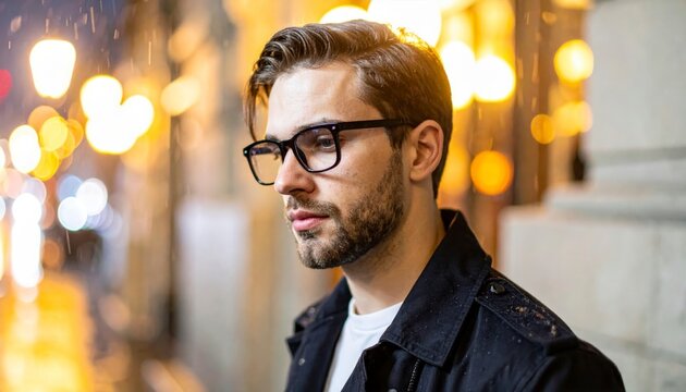 Portrait of a handsome young man with glasses standing in a city street at night.