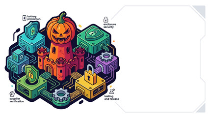 Fototapeta premium Cyber security concept illustration featuring a pumpkin castle with digital protection elements and copy space.
