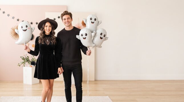 Happy couple holding ghost balloons for a fun Halloween celebration party
