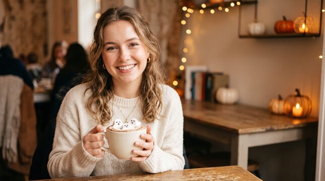Young woman holding a warm coffee mug in a cozy cafe decorated for autumn season