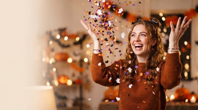 Happy young woman throwing colorful confetti at a festive Halloween party celebration