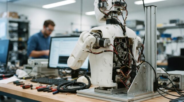 Humanoid robot torso with servo motors, calibration stand, and coiled cables in robotics research lab.