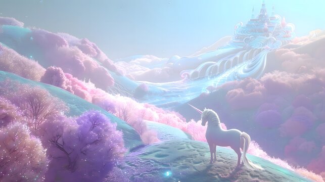 Dreamy pastel fantasy landscape featuring a majestic white unicorn, pink cherry blossom trees, and a distant glowing crystal palace.