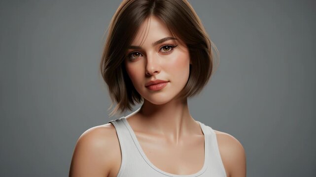 Portrait of a Young Woman with Bob Haircut: A striking portrait of a young woman with a chic bob haircut, soft makeup, and a white tank top against a neutral grey background.