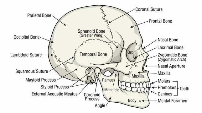 Anatomical illustration of the human skull showing bones and landmarks from a lateral view.