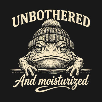Vintage grumpy frog wearing knit beanie hat with unamused expression.