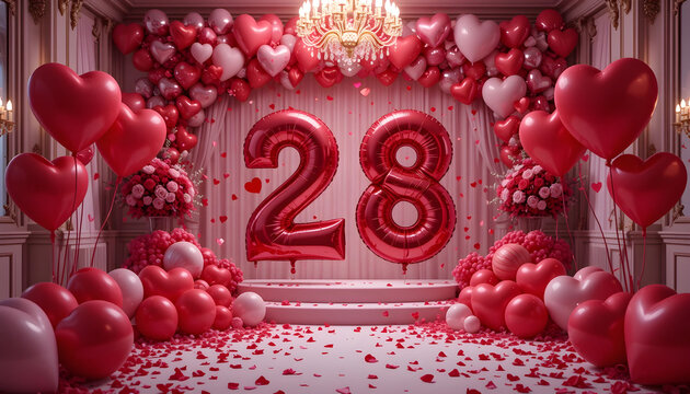 Large red number twenty eight balloon on pink podium surrounded by heart shaped floral arches.