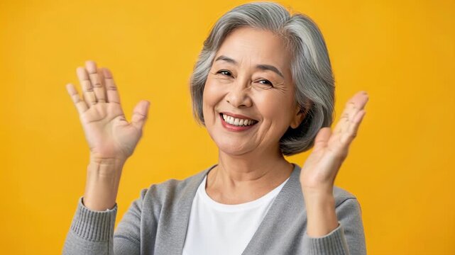 Joyful Senior Woman: An elderly Asian woman with a radiant smile and silver hair.