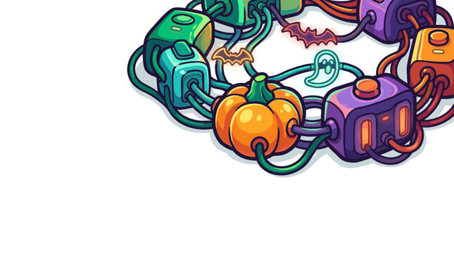 Vibrant Halloween digital network illustration festive props like a glowing pumpkin, ghost, and bat stylized as interconnected electronic components, symbolizing creative data flow