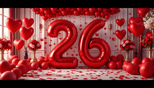 Red balloon number twenty six decoration with heart shaped balloons for wedding anniversary.