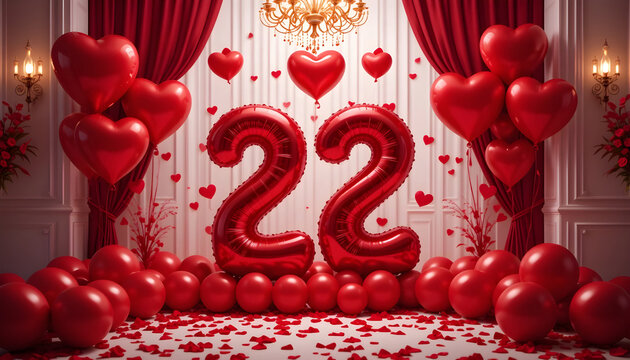 Red foil balloon number 22 for birthday anniversary party decor with heart balloons and curtains.