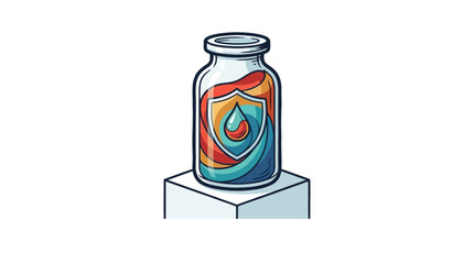 Fototapeta premium A colorful medical vial with a shield icon standing on a white pedestal.