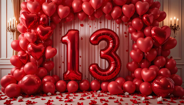 Red number thirteen balloon archway creates festive atmosphere for teen birthday celebrations.