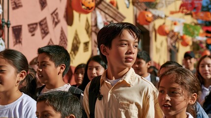 Fototapeta premium A diverse group of Hispanic children celebrating Dia de los Muertos festival outdoor