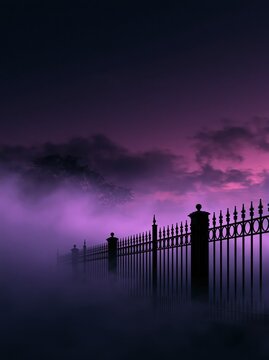Spooky wrought iron fence silhouette under a mysterious purple foggy night sky