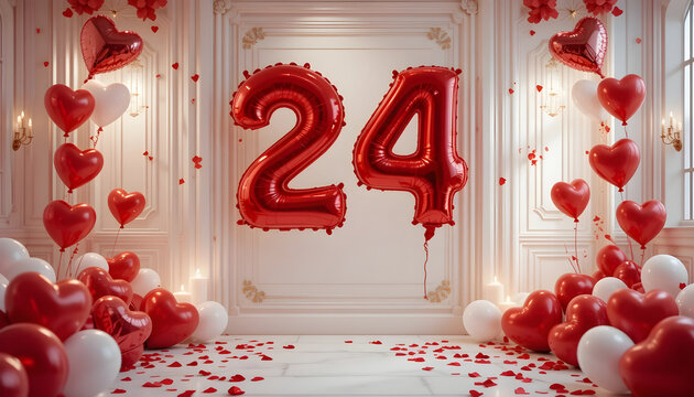 Shiny red number twenty four balloon surrounded by heart balloons for birthday event decor.