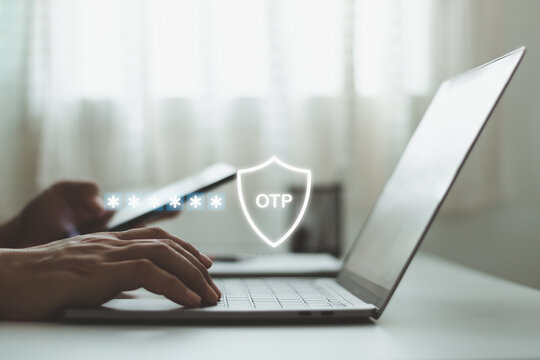 Cybersecurity concept with laptop and smartphone showing OTP password protection, secure authentication, online privacy, data security, identity verification, and digital access control.