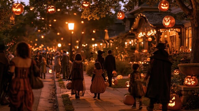 People walking down a decorated street lit by glowing jack o lanterns at Halloween
