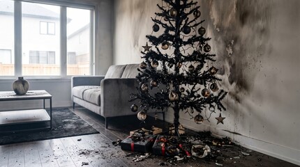 Fototapeta premium Burned Christmas tree in living room with smoke damage and ruined gifts. Christmas safety, holiday fire hazard, unexpected home accident, festive emergency concept