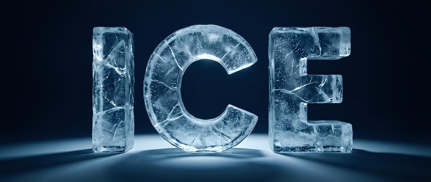 Frozen solid ice letters spelling ICE with cool blue lighting