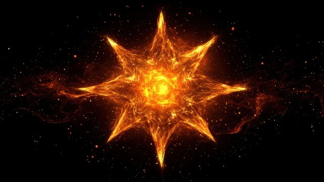 Bright fiery star-shaped explosion with fiery tendrils and sparks emanating from the center in vibrant orange and yellow hues against a dark background