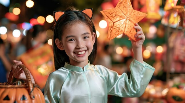 Happy Asian girl holding star lantern and pumpkin bucket during night festival