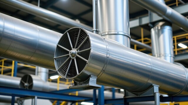 Industrial ventilation system with large metallic ducts and fan components in a modern manufacturing facility