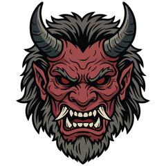 Fototapeta premium Red Japanese Oni Demon Mask Vector Illustration with Horns Fangs and Beast Fur for Mascot or Tattoo Design