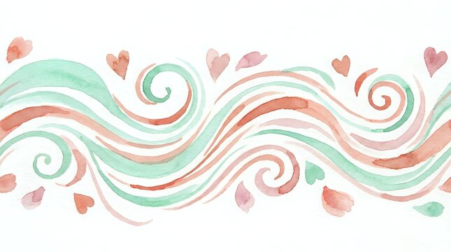 Seamless wavy border with swirling ribbons in mint and coral tones