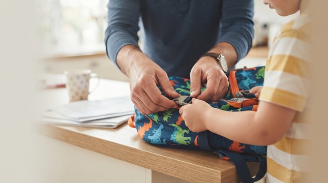 Close Up of Dad and Little Kid Hands Packing Supplies into Schoolbag in Morning Routine