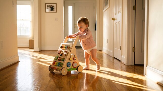 Toddler takes first steps indoors while pushing a wooden activity walker along a sunlit hallway.