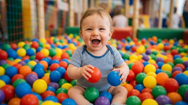 Baby sitting in a colorful ball pit smiles cheerfully while holding plastic balls.