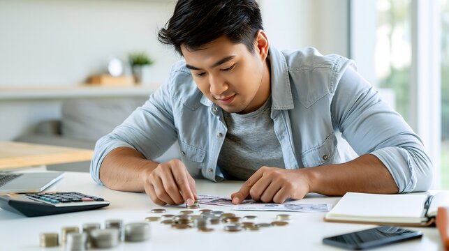 Asian adult man managing personal finances at home, carefully organizing coins and banknotes on a modern desk, calculator, notebook and smartphone nearby, bright contemporary interior, realistic