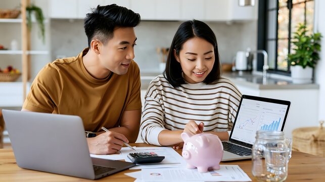 Asian couple reviewing household expenses together at a dining table, laptop displaying financial charts, calculator, savings jar and documents nearby, modern home interior, natural interaction,